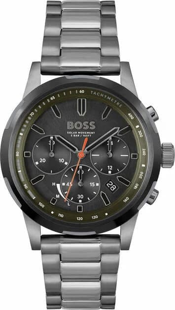 Montre Hugo Boss 1514034 acier gris brossé et cadran noir multifonctions, style sport chic