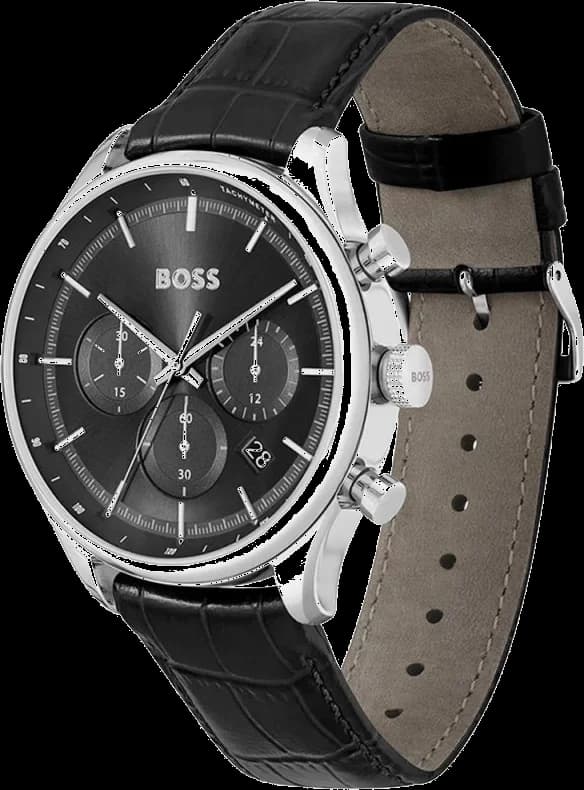 Cadran Hugo Boss 1514049 avec cadran noir, index et aiguilles argentés, date à 3h, look sport chic