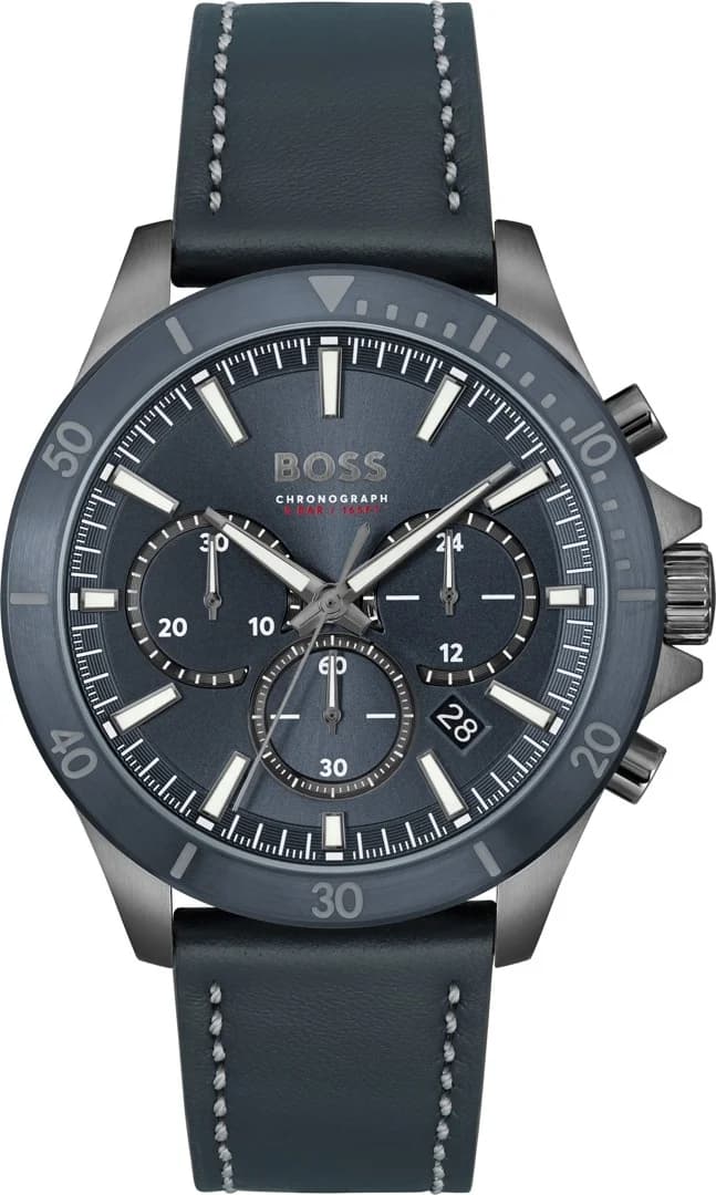 Montre Hugo Boss 1514056 au cadran bleu multifonctions sur fond soleil, aiguilles argentées et index appliqués, style moderne et élégant