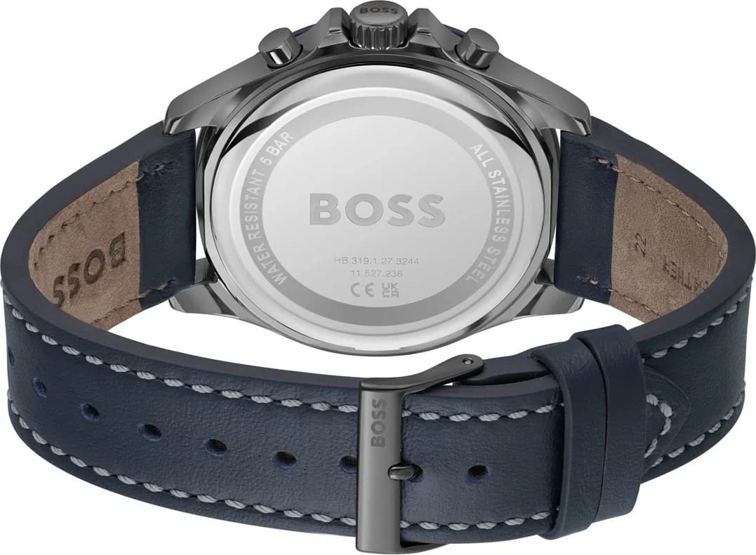 Bracelet Hugo Boss 1514056 en cuir bleu cousu main avec surpiqûres contrastées, boucle ardillon en acier inoxydable, texture grainée