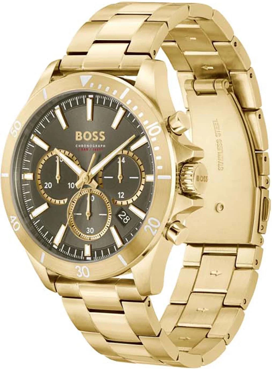 Cadran Hugo Boss 1514059 aux trois compteurs chronographe, aiguilles dorées et guichet date à 4h30