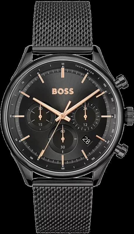 Montre Hugo Boss 1514065 au cadran noir élégant sur fond soleillé avec index et aiguilles argentés