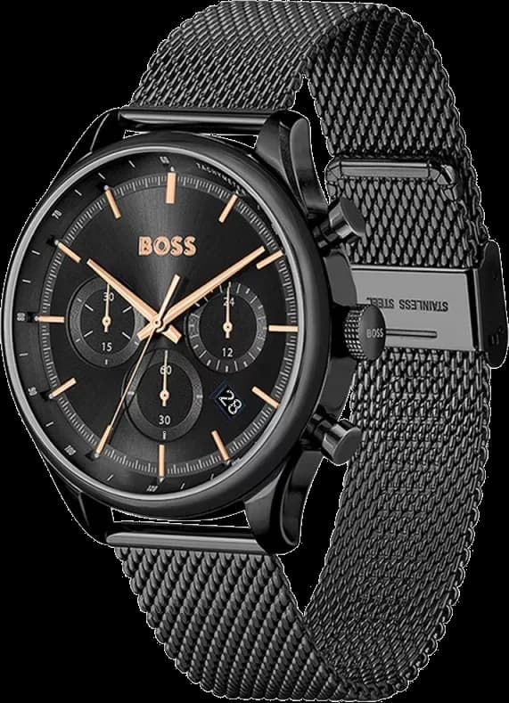 Cadran Hugo Boss 1514065 noir aux index bâtons argentés et aiguilles luminescentes, guichet date à 3h