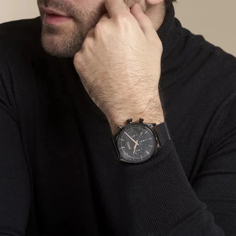 Boîtier Hugo Boss 1514065 en acier inoxydable rond de 41 mm, lunette lisse polie et verre saphir
