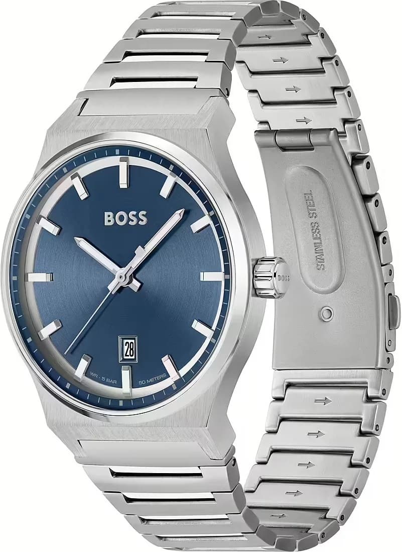 Cadran Hugo Boss 1514076 soleillé bleu avec index appliqués et aiguilles facettées, date à 3h, design épuré