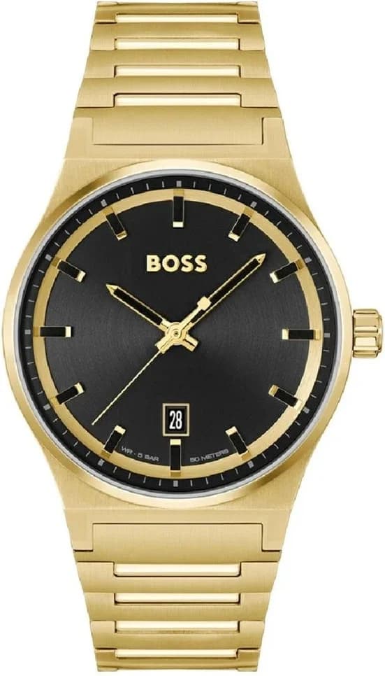 Montre Hugo Boss 1514077 au cadran noir soleillé et boîtier acier doré, style élégant et sportif