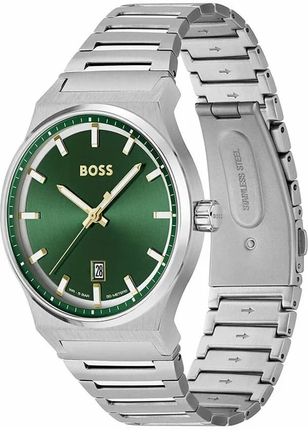 Cadran Hugo Boss 1514079 aux index appliqués et aiguilles bâtons sur fond vert