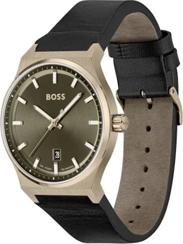 Cadran Hugo Boss 1514080 noir soleillé aux index appliqués et aiguilles dauphine plaqué or rose, date à 3h