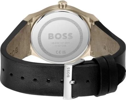 Bracelet Hugo Boss 1514080 en cuir noir à coutures contrastées, boucle ardillon en acier bronze, texture grainée