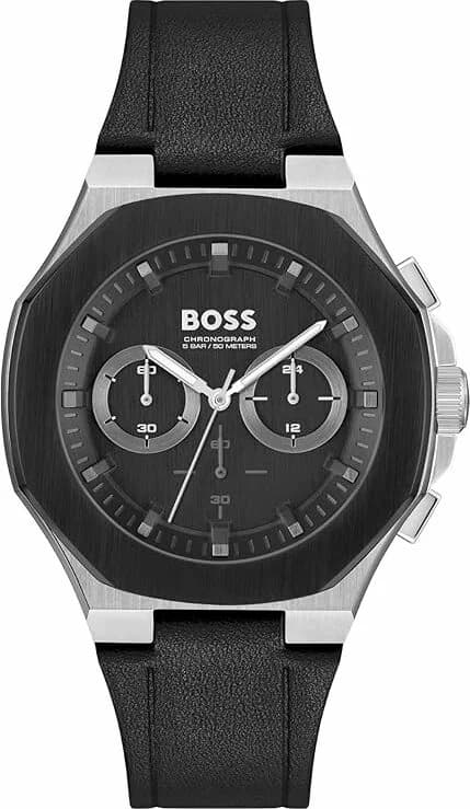 Montre Hugo Boss 1514085 avec cadran noir texturé, compteurs chronographe blancs et aiguilles luminescentes sur fond sombre