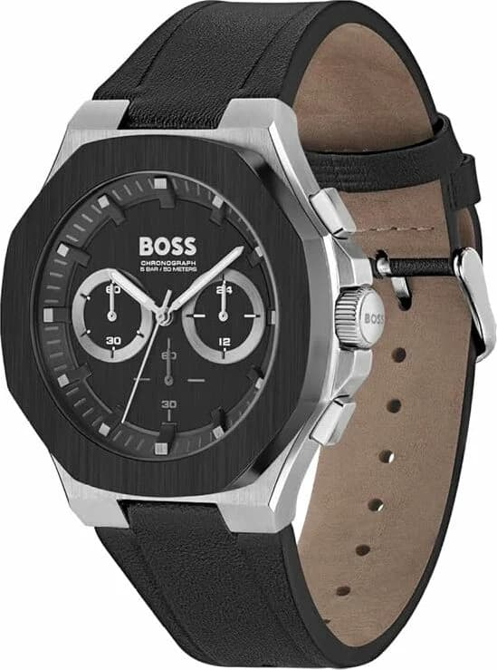 Cadran Hugo Boss 1514085 arborant index bâtons argentés, date à 4h30 et trois sous-cadrans pour un chronographe complet