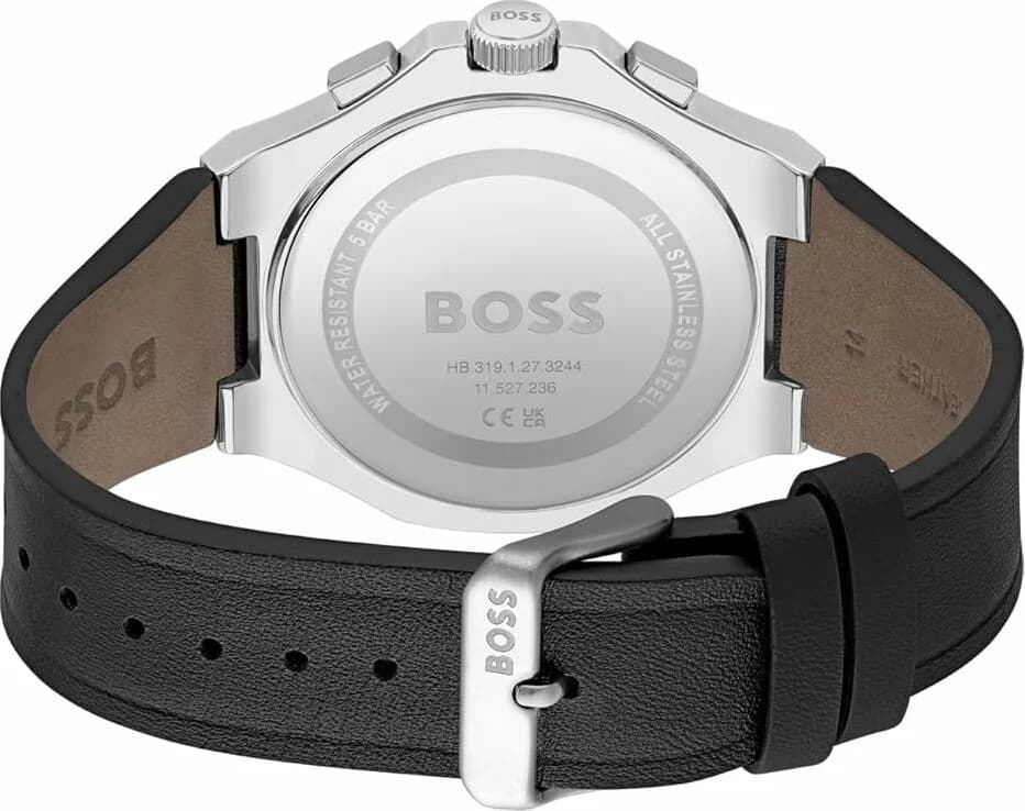 Bracelet Hugo Boss 1514085 en cuir noir avec coutures contrastées, boucle ardillon signée Hugo Boss et double surpiqûre