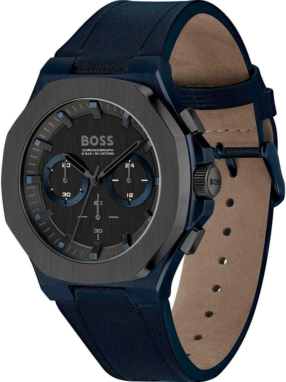 Cadran Hugo Boss 1514086 bleu soleil avec trois sous-cadrans, date à 4h30 et aiguilles argentées luminescentes