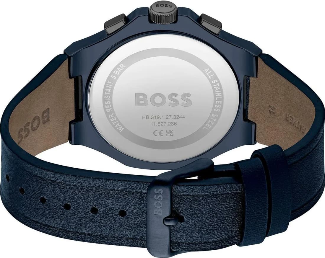 Bracelet Hugo Boss 1514086 en cuir noir avec surpiqûres bleues, boucle déployante acier inoxydable