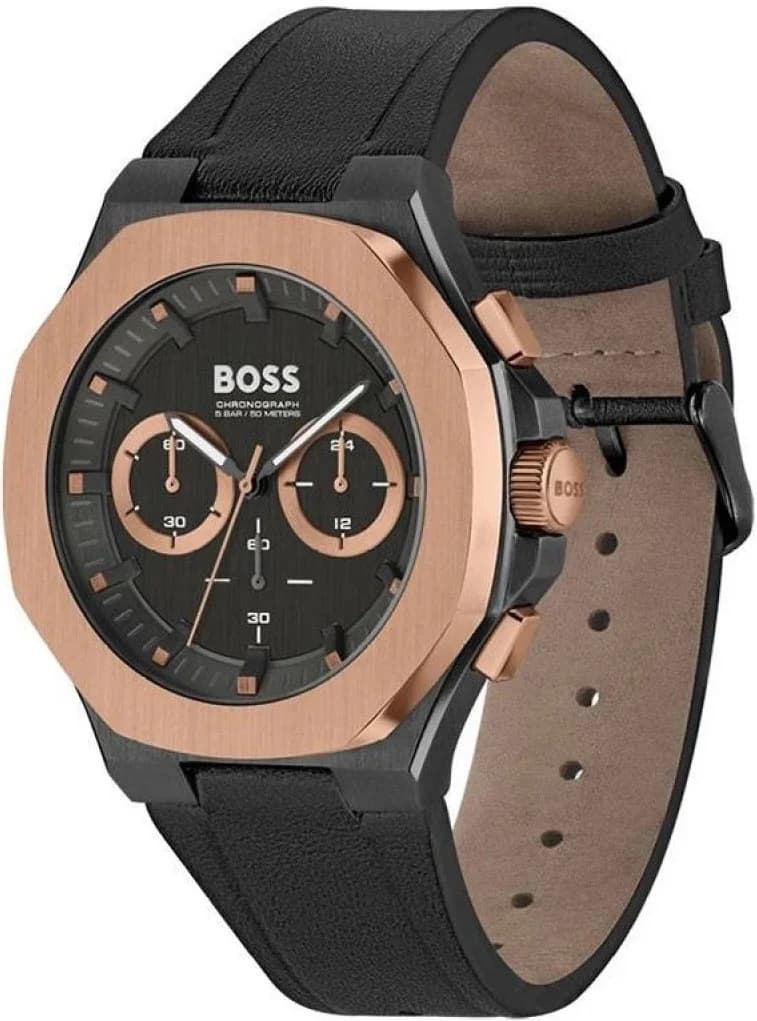 Cadran Hugo Boss 1514089 avec index appliques or rose, aiguilles squelette et compteurs chrono