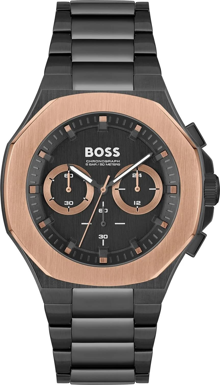Montre Hugo Boss 1514090 au cadran noir monochrome avec index bâtons et aiguilles argentées, style sobre et élégant