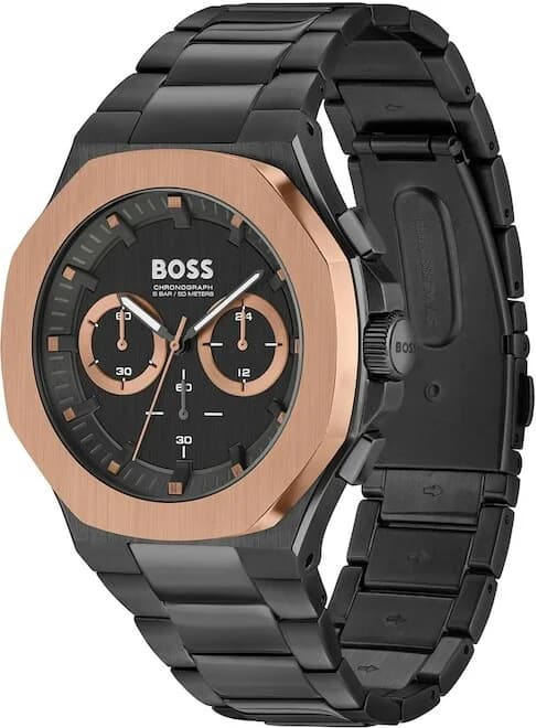 Cadran Hugo Boss 1514090 avec index bâtons appliqués, aiguilles luminescentes, guichet date à 3h et minuterie chemin de fer