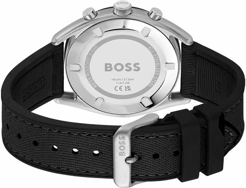 Bracelet Hugo Boss 1514091 en silicone noir texturé, boucle déployante en acier noir mat, confortable