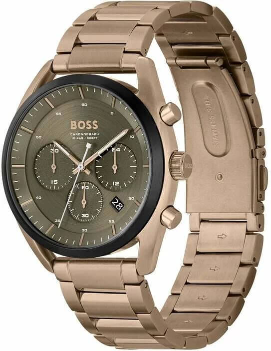 Cadran Hugo Boss 1514094 vert kaki à index bâtons et aiguilles argentées, date à 3h