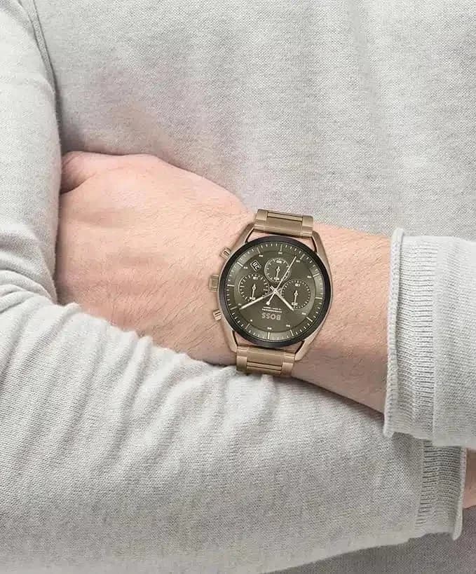 Boîtier Hugo Boss 1514094 rond en acier inoxydable beige, lunette fine, verre saphir, profil élégant