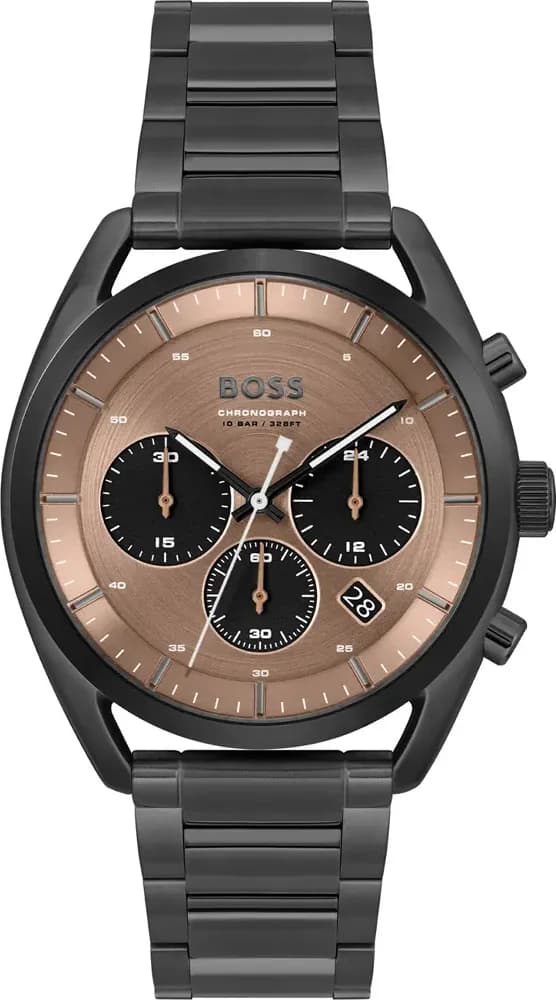 Montre Hugo Boss 1514095 avec boîtier acier noir brossé et cadran bronze soleil, style moderne et élégant