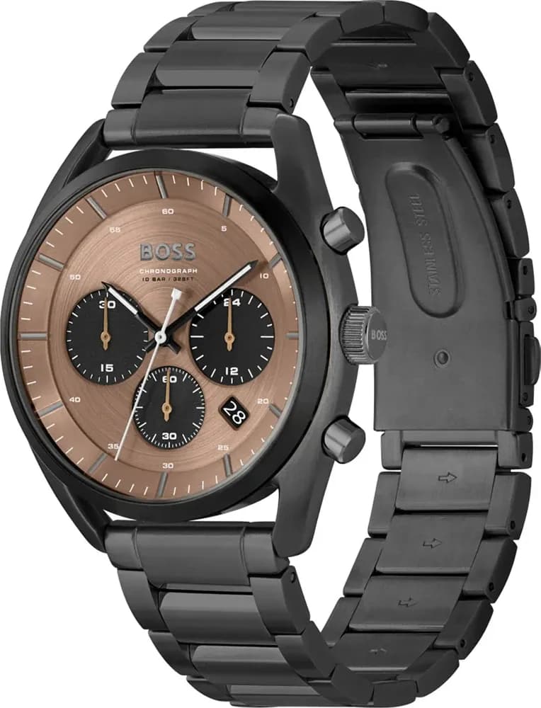 Cadran Hugo Boss 1514095 détail du cadran bronze aux index appliqués argentés et aiguilles dauphine, date à 3h