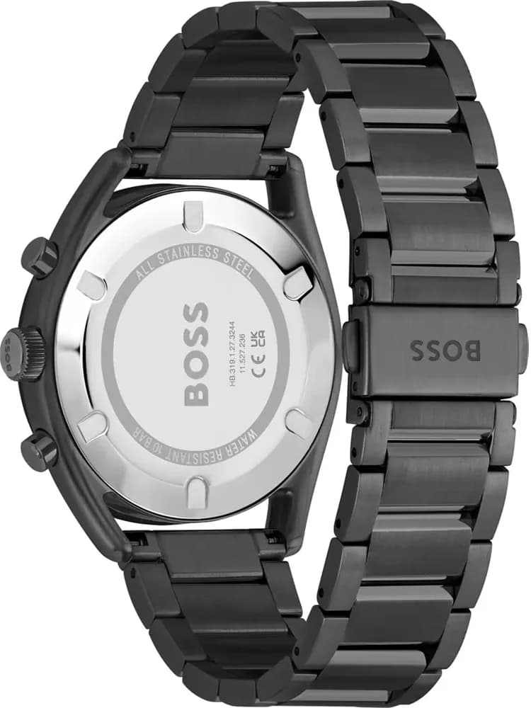 Bracelet Hugo Boss 1514095 en acier noir brossé avec maillons satinés et fermoir déployant double sécurité gravé