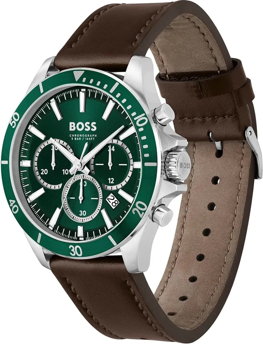 Cadran Hugo Boss 1514098 avec index appliqués, aiguilles bâton et compteurs multifonctions sur fond vert