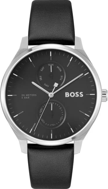 Montre Hugo Boss 1514102 avec cadran noir multifonctions et aiguilles argentées sur fond texturé