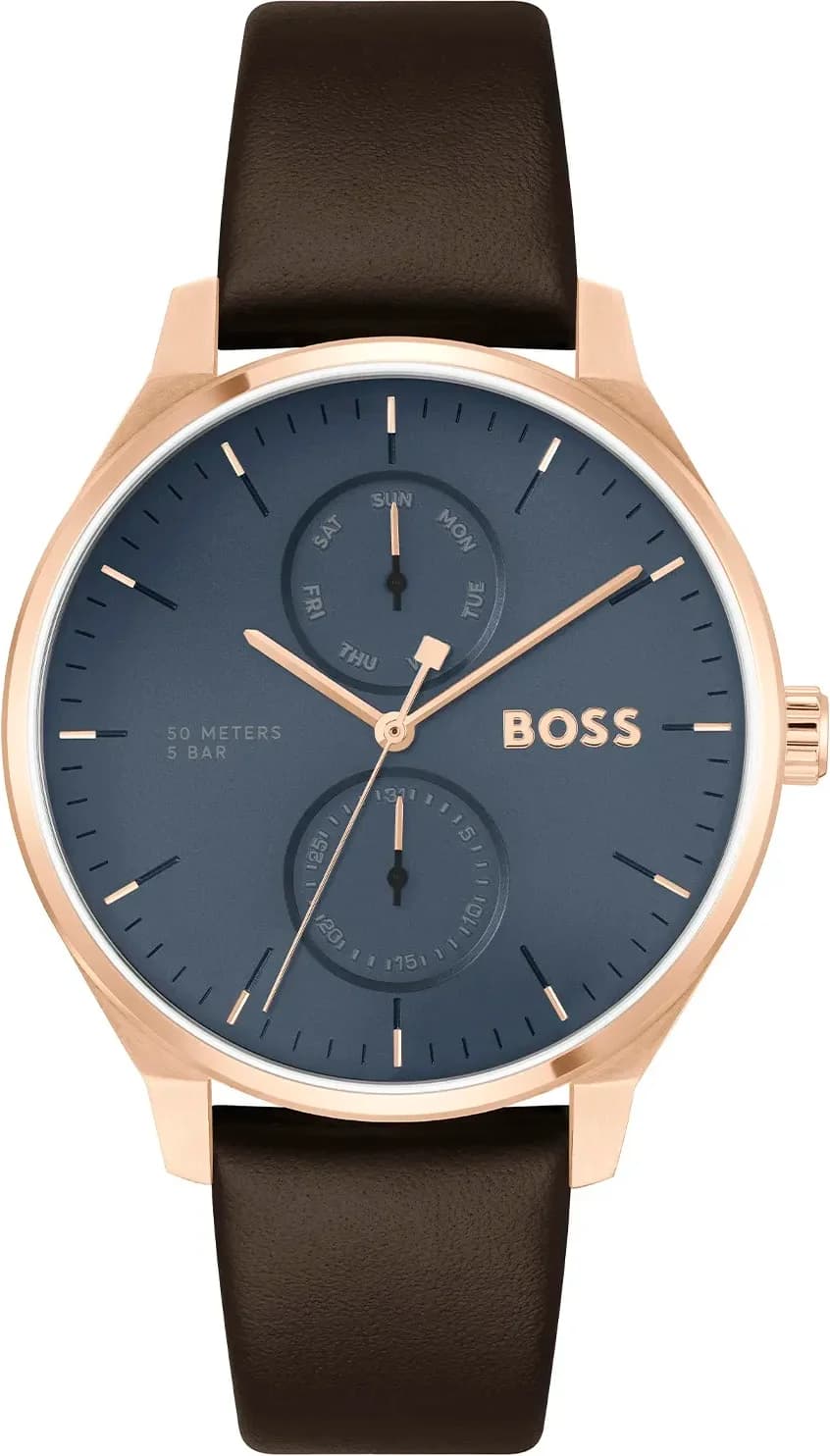Montre Hugo Boss 1514103 avec cadran bleu soleil et bracelet cuir marron, style classique chic