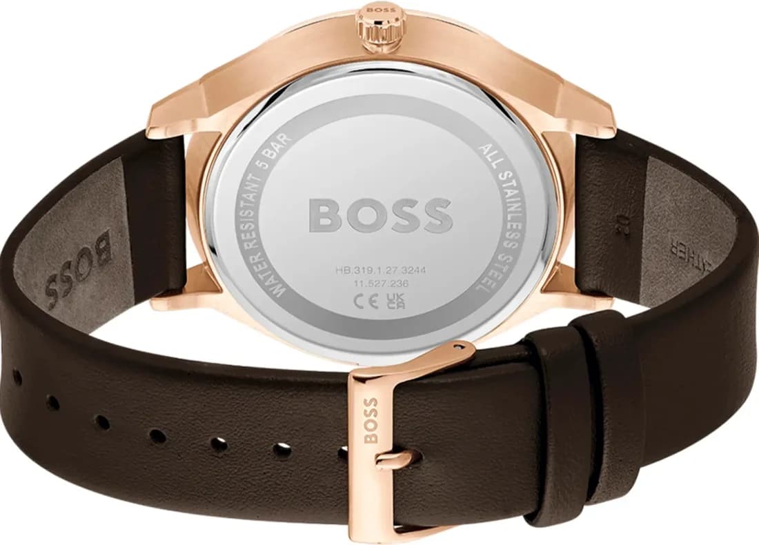 Bracelet Hugo Boss 1514103 en cuir marron cousu, boucle ardillon en acier brossé