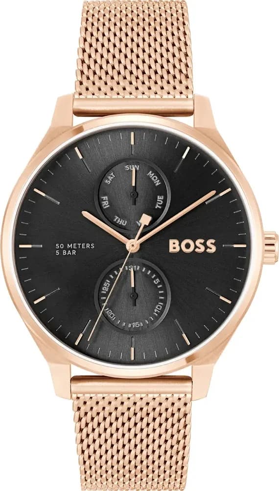 Montre Hugo Boss 1514104 au cadran noir soleil avec index dorés et aiguilles squelettes bicolores