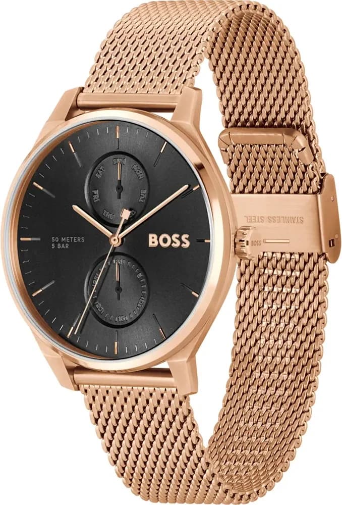 Cadran Hugo Boss 1514104 noir soleillé avec index appliques dorés, aiguilles bicolores et date à 3h