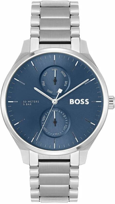 Montre Hugo Boss 1514106 avec cadran bleu texturé, aiguilles argentées et index appliqués, style classique et élégant
