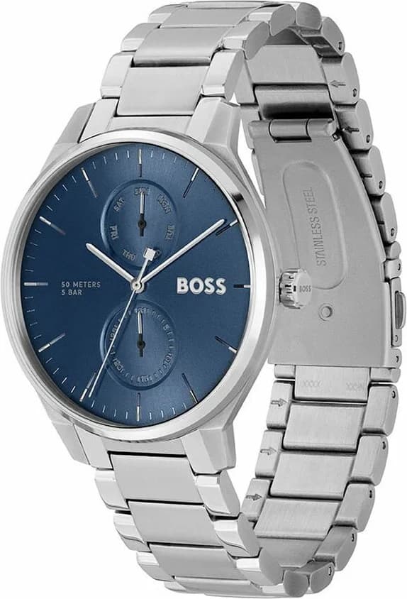 Cadran Hugo Boss 1514106 affiche un motif guilloché bleu, index bâtons argentés, aiguilles dauphines et date à 3h