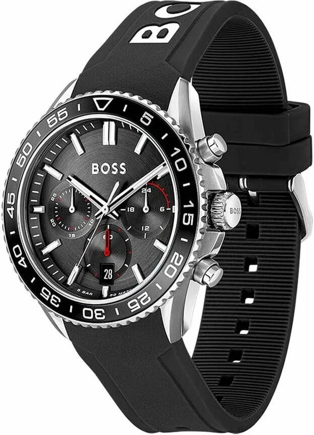 Cadran Hugo Boss 1514141 noir avec compteurs chrono, aiguilles et index blancs pour lisibilité