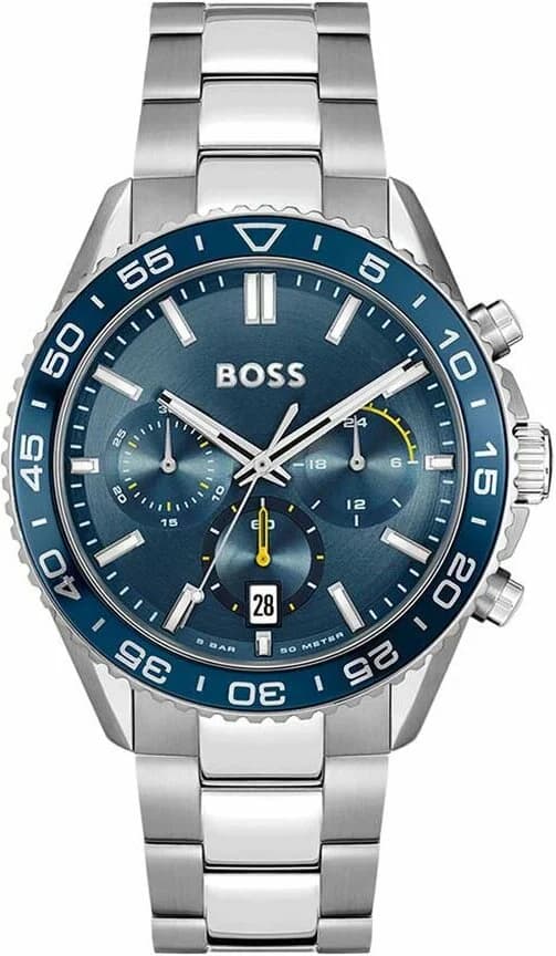 Montre Hugo Boss 1514143 avec cadran bleu soleil, aiguilles argentées et index appliques sur fond bleu élégant