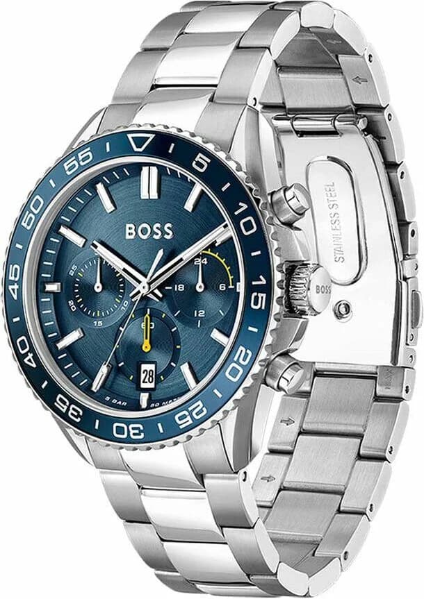 Cadran Hugo Boss 1514143 avec cadran bleu soleillé, index bâtons argentés, aiguilles luminescentes, guichet date à 4h30