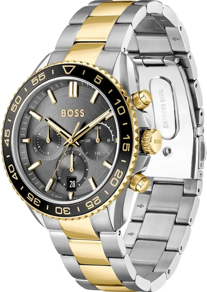 Cadran Hugo Boss 1514144 gris soleillé avec index bâtons, aiguilles dorées et date à 3h