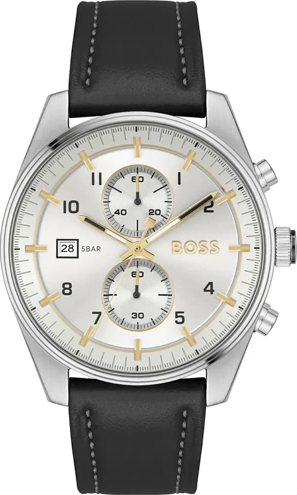 Montre Hugo Boss 1514147 avec cadran noir soleillé, compteurs chronographe et affichage date à 4h30