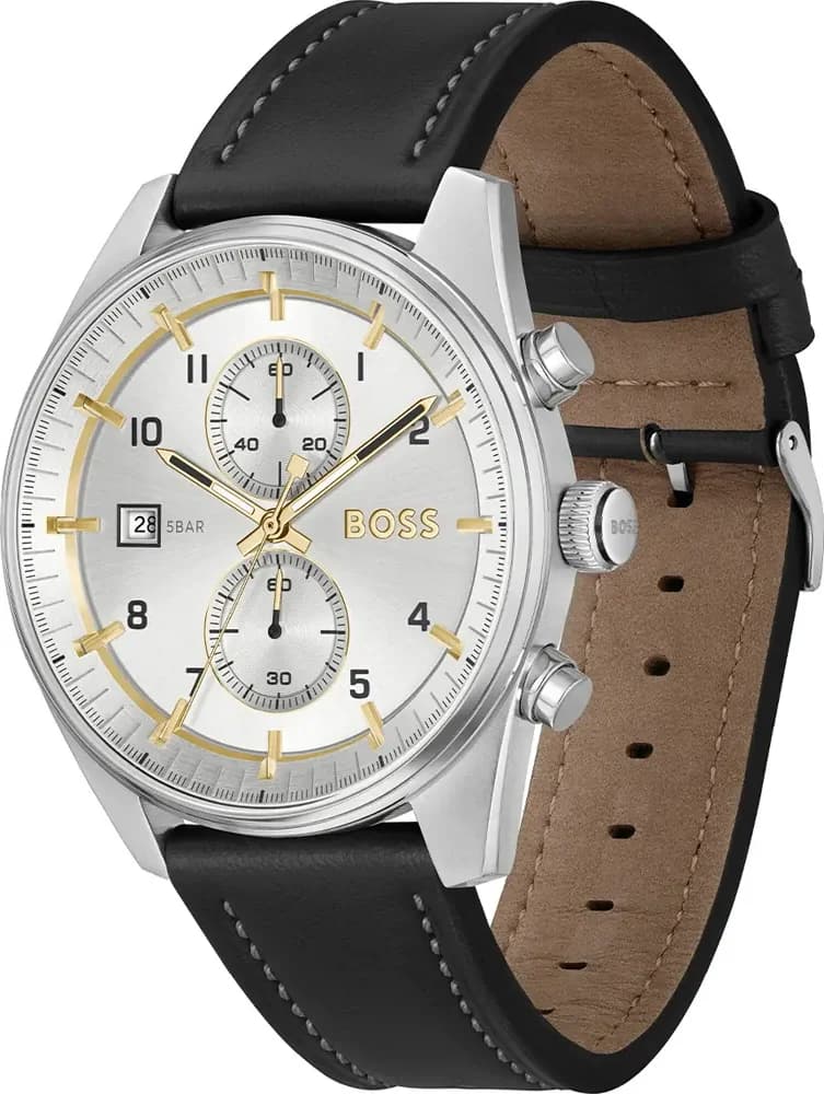 Cadran Hugo Boss 1514147 noir soleillé, index appliqués bâton, aiguilles squelette et compteurs tricompax