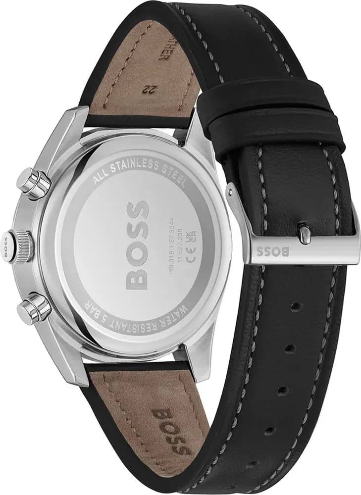 Bracelet Hugo Boss 1514147 en cuir noir grainé avec coutures contrastées et boucle ardillon en acier