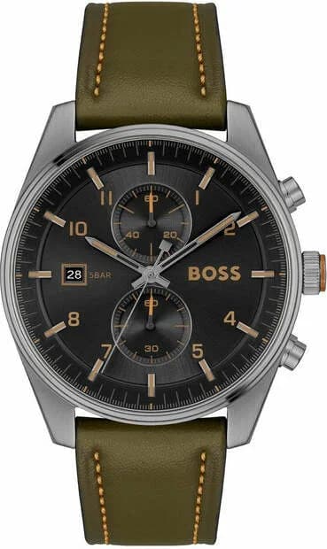 Montre Hugo Boss 1514148 au cadran kaki avec compteurs chronographe et index blancs sur fond vert militaire