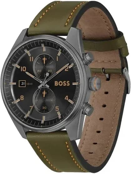 Cadran Hugo Boss 1514148 avec guichet date à 4h30, aiguilles luminescentes et trois sous-cadrans chronographe