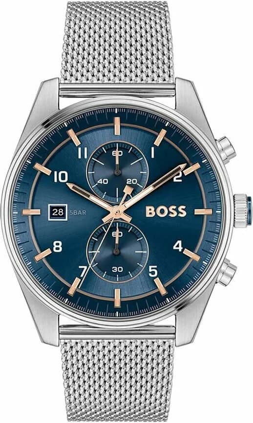 Montre Hugo Boss 1514149 en acier argenté avec cadran bleu soleil et index bâtons