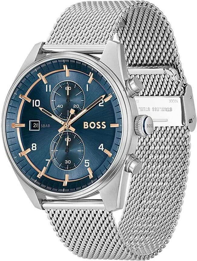 Cadran Hugo Boss 1514149 arbore un cadran bleu soleil avec index appliqués et aiguilles luminescentes