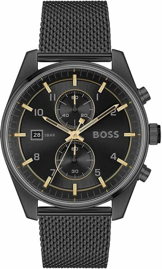 Montre Hugo Boss 1514150 au cadran noir soleillé avec index bâtons argentés et aiguilles luminescentes, style sport chic