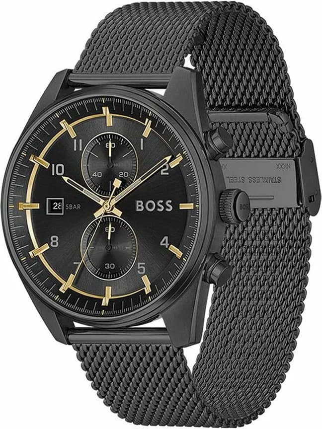 Cadran Hugo Boss 1514150 noir soleillé avec compteurs chronographe, date à 4h30 et aiguilles squelettes