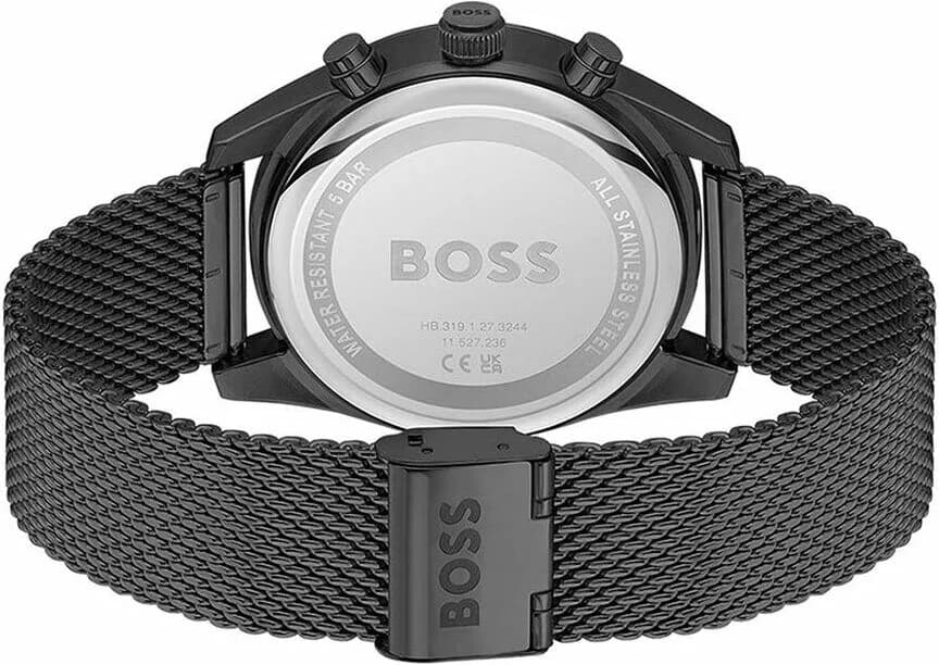 Bracelet Hugo Boss 1514150 en maille milanaise acier noir avec boucle déployante, finition brossée élégante