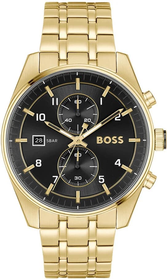 Montre Hugo Boss 1514152 au cadran noir soleil, boîtier acier doré, style élégant et sportif